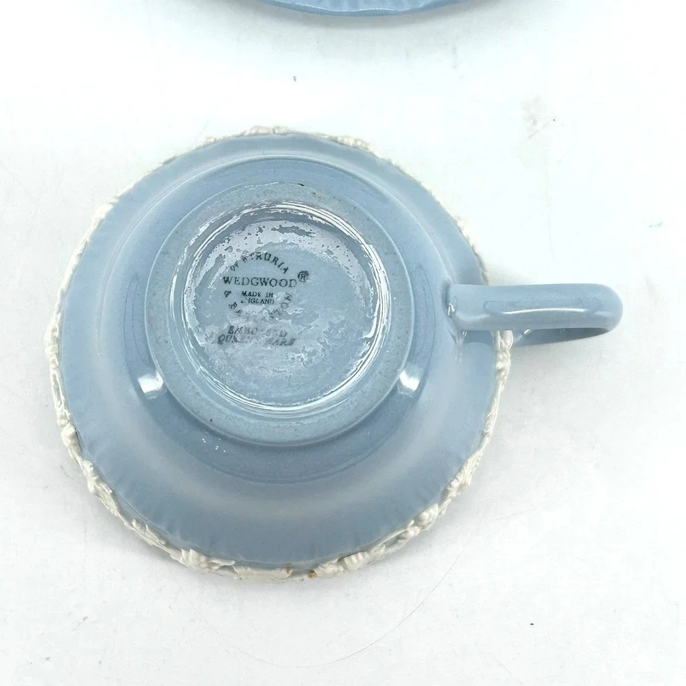 Wedgwood Queensware Cream on Lavender Blue Embossed Grapevine Tea Cup & Saucer
